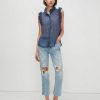 Donne 7 For All Mankind Cime | Camicia Senza Maniche Con Colletto A Volant A Righe In Lurex Blu Denim