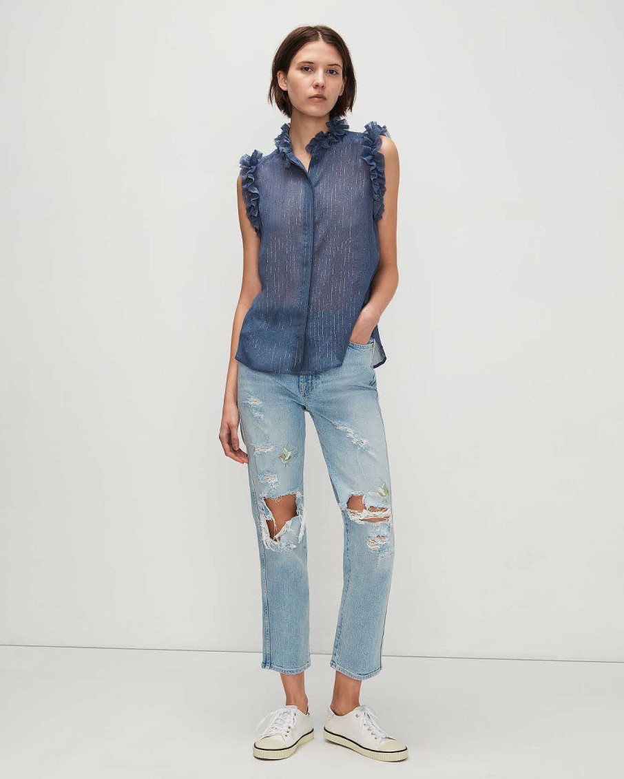 Donne 7 For All Mankind Cime | Camicia Senza Maniche Con Colletto A Volant A Righe In Lurex Blu Denim