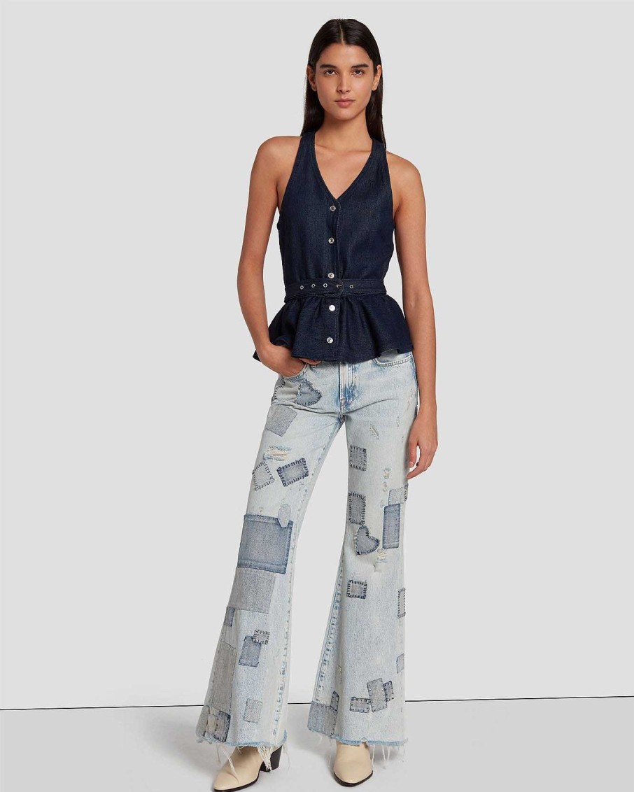 Donne 7 For All Mankind Jeans | Gilet Sartoriale In Denim Lucido Risciacquo Scuro