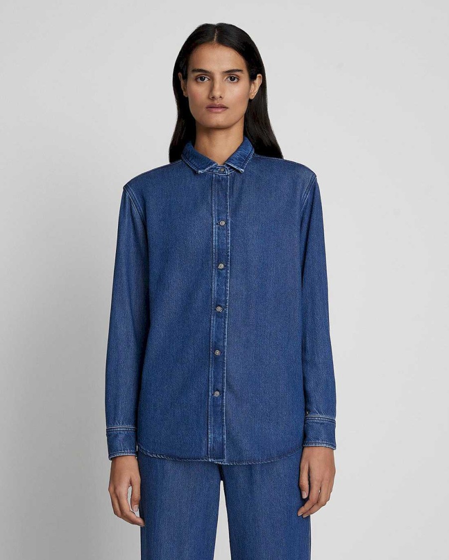 Donne 7 For All Mankind Jeans | Camicia Classica In Denim Lucido Indaco Scuro