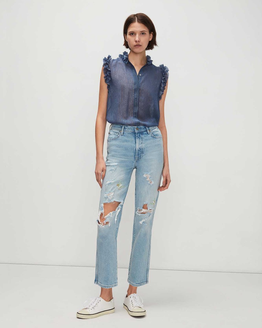 Donne 7 For All Mankind Cime | Camicia Senza Maniche Con Colletto A Volant A Righe In Lurex Blu Denim