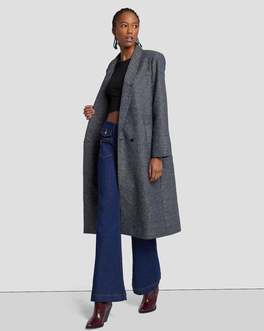 Donne 7 For All Mankind Giacche E Cappotti | Cappotto Bicolore A Righe Grigio