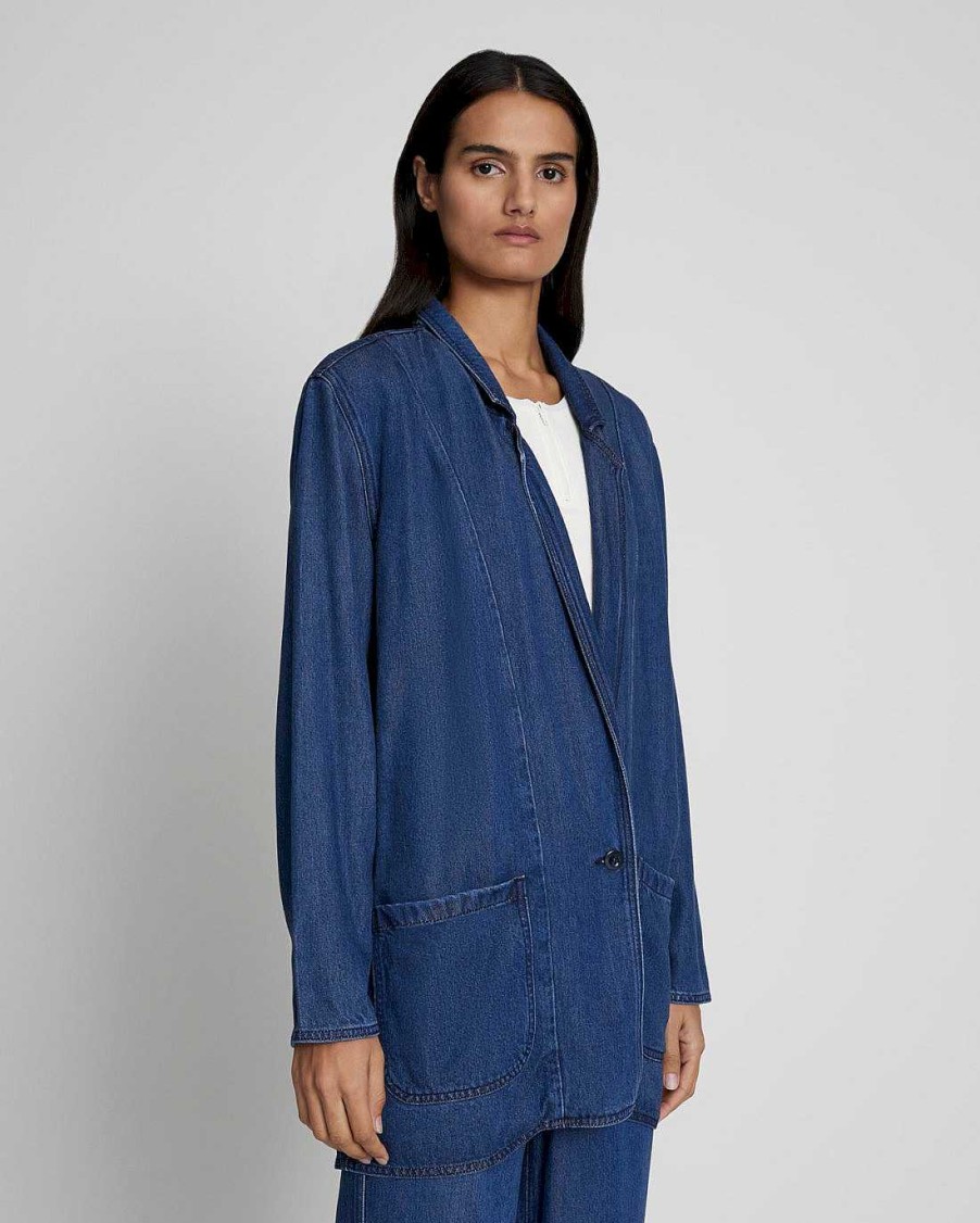 Donne 7 For All Mankind Jeans | Blazer Facile In Denim Lucido Indaco Scuro