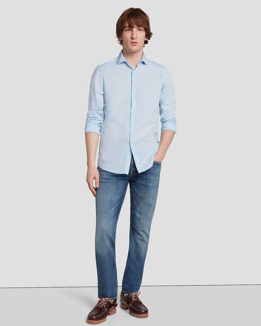 Uomo 7 For All Mankind Camicie | Camicia In Popeline A Maniche Lunghe Azzurro