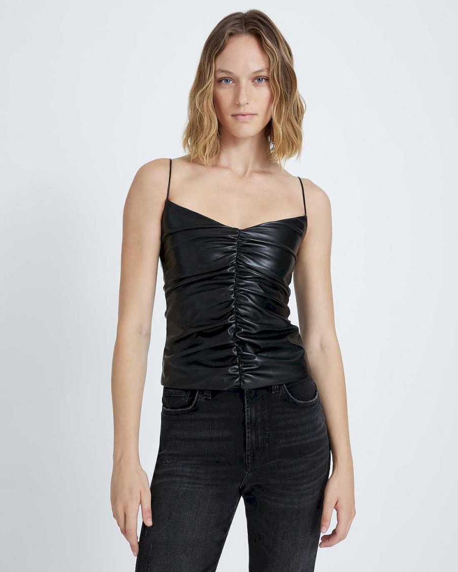 Donne 7 For All Mankind Cime | Cami In Ecopelle Con Ruches Nero