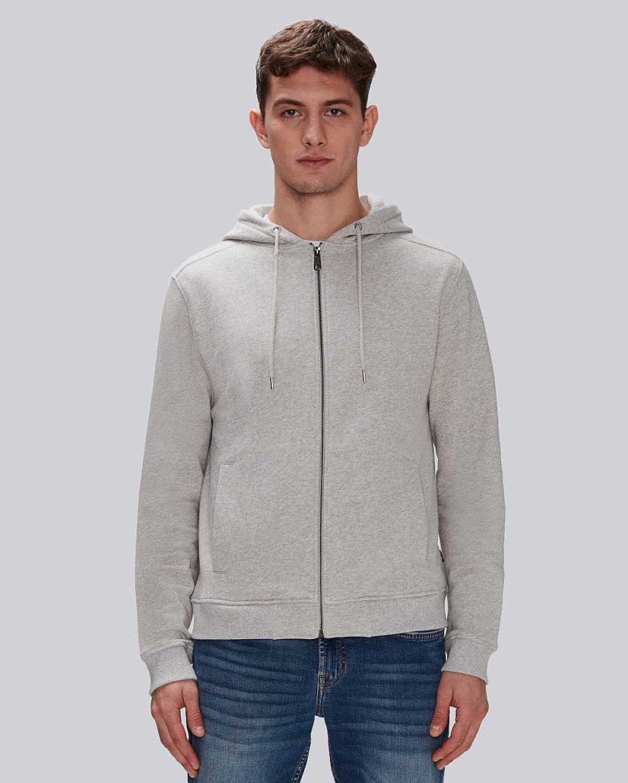 Uomo 7 For All Mankind Maglioni | Felpa Con Cappuccio Essenziale Con Zip Frontale Grigio Melange