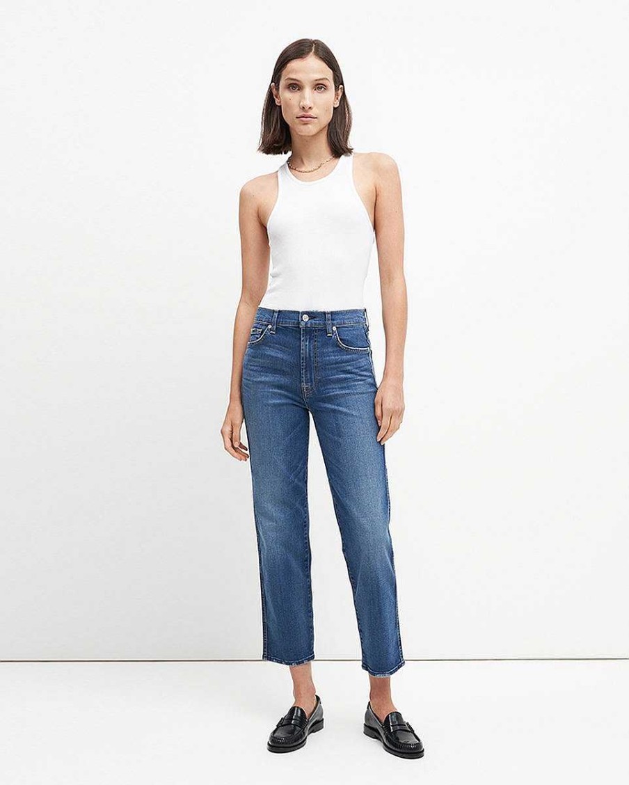 Donne 7 For All Mankind Jeans | Vita Alta Ritagliata Dritta In Una Luce Autentica Invecchiata Distauthlt