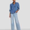 Donne 7 For All Mankind Jeans | Camicia In Denim Lucido Con Maniche A Sbuffo Daylily