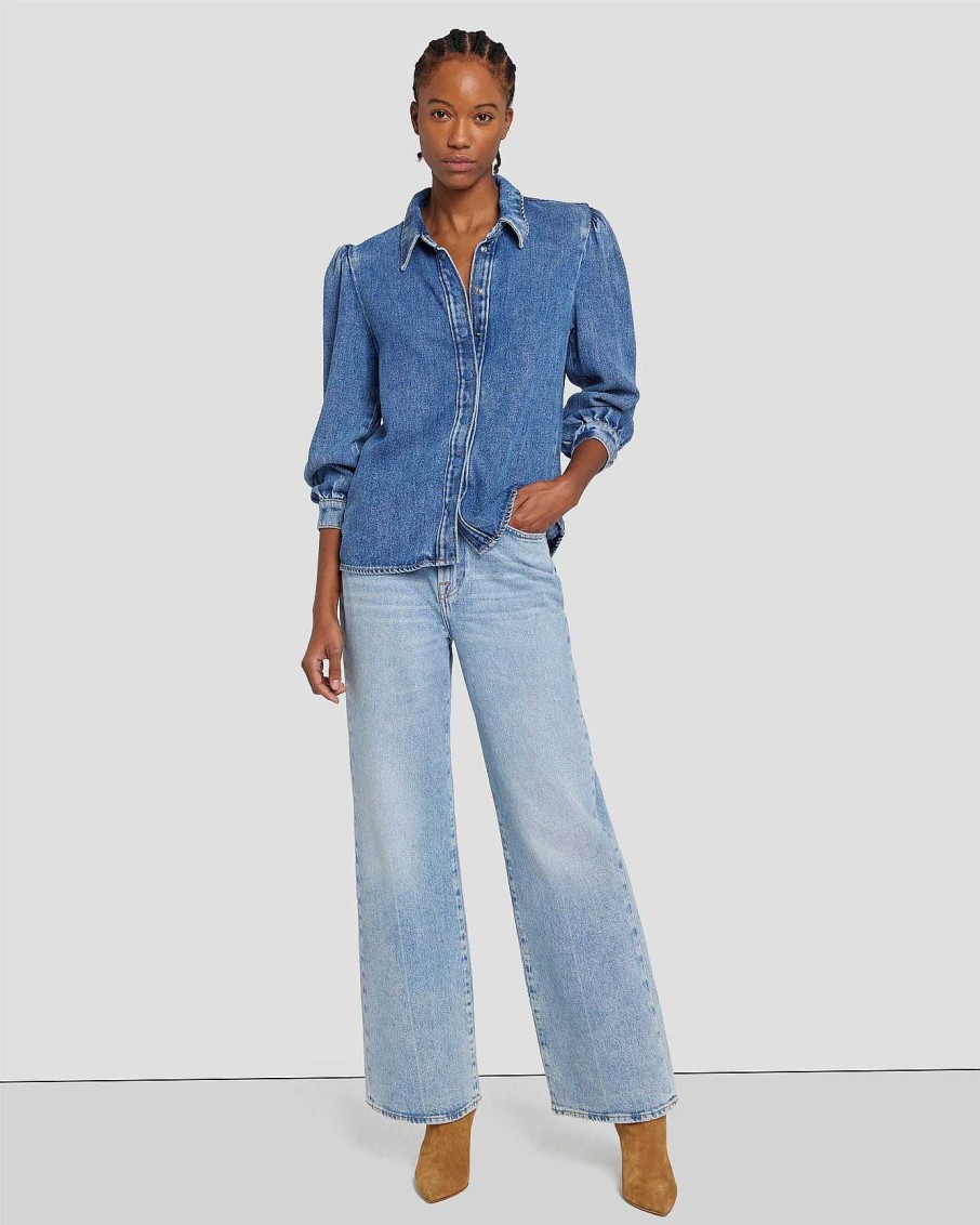 Donne 7 For All Mankind Jeans | Camicia In Denim Lucido Con Maniche A Sbuffo Daylily