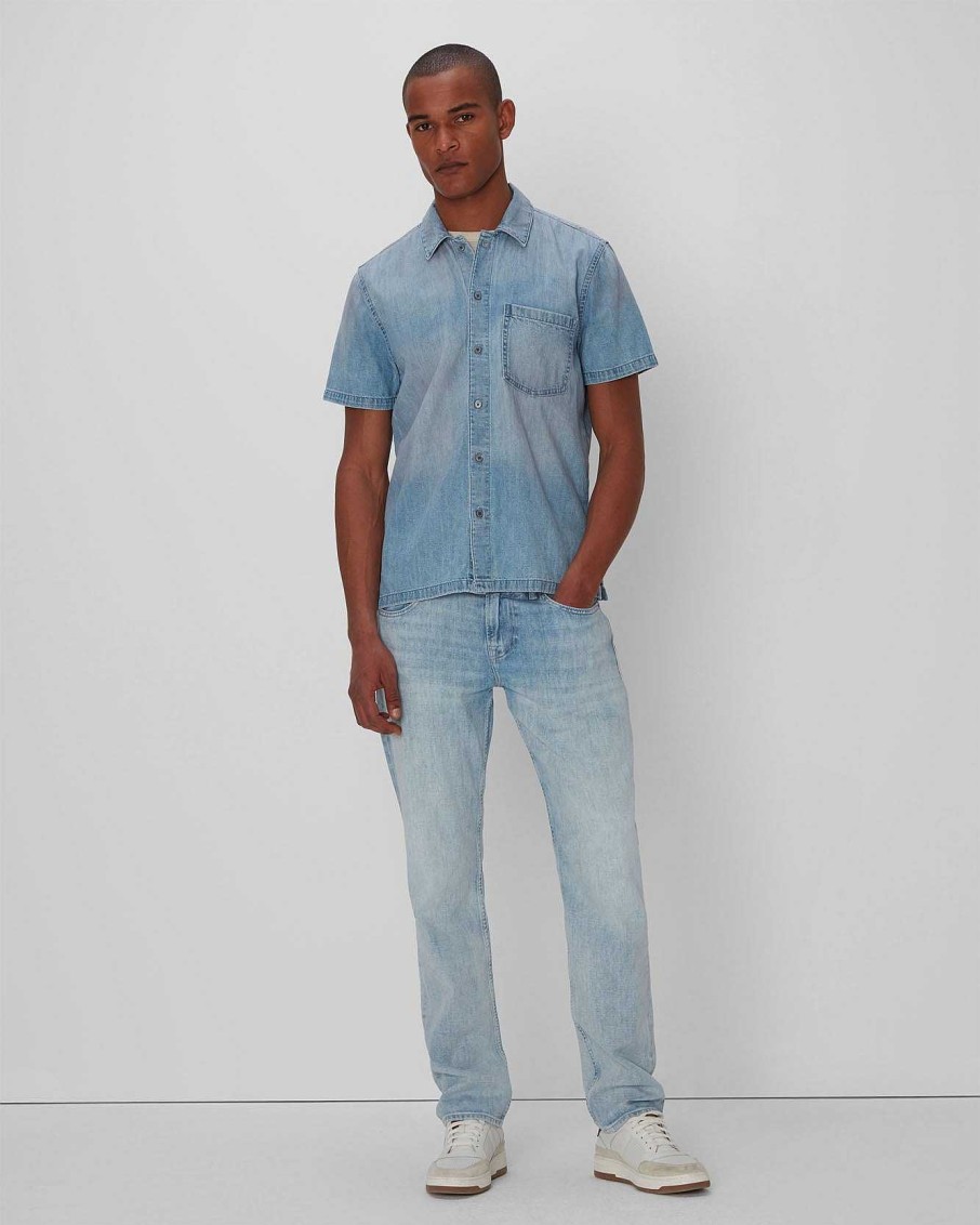 Uomo 7 For All Mankind Jeans | Camicia In Denim A Maniche Corte Con Colletto Camp Pini Medi