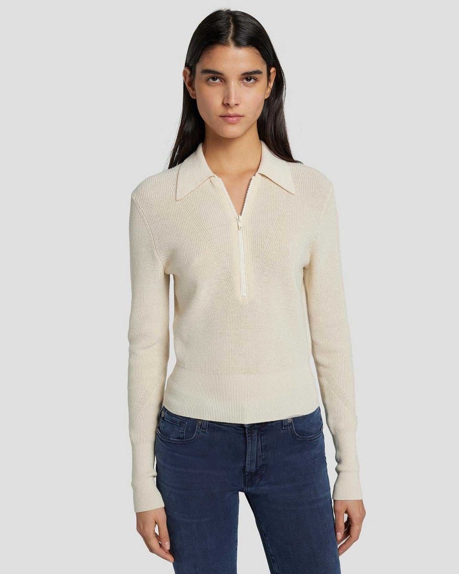 Donne 7 For All Mankind Maglioni | Maglione Polo Con Zip A Un Quarto Crema