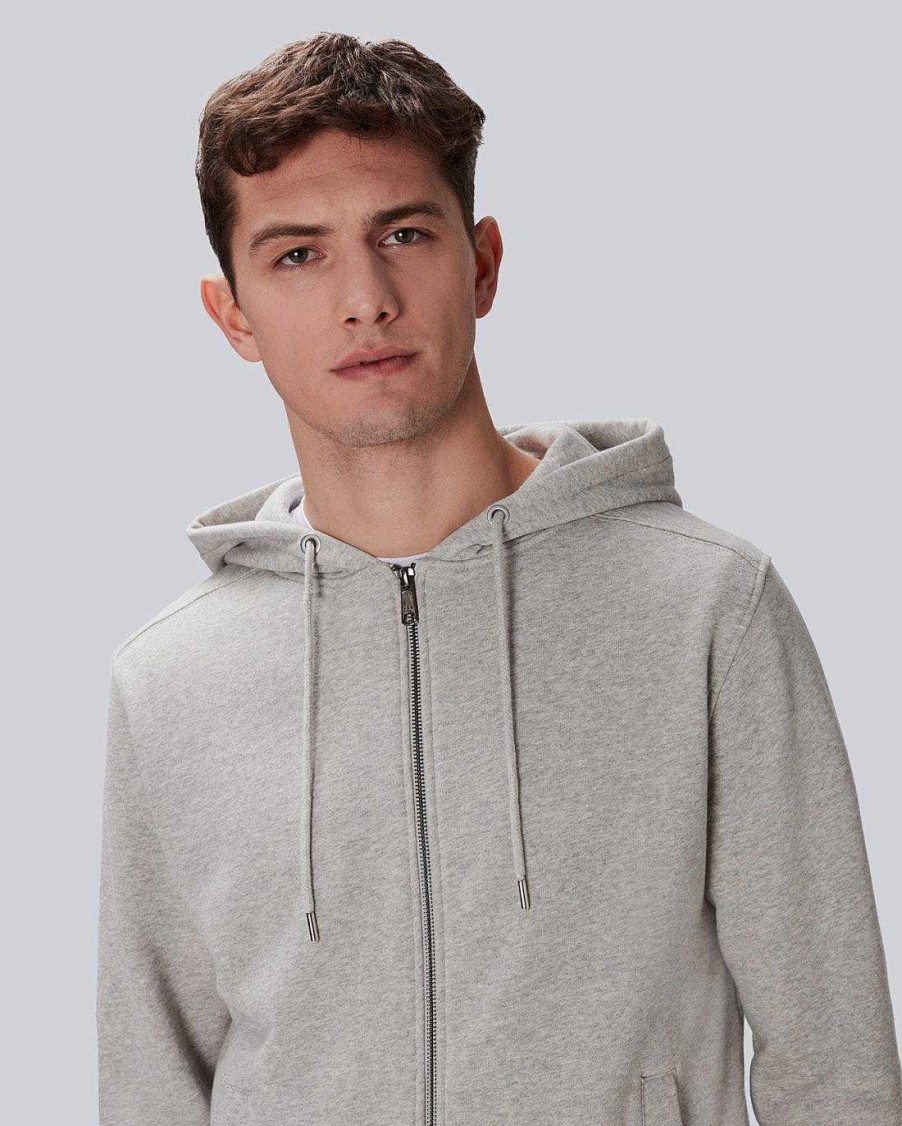 Uomo 7 For All Mankind Maglioni | Felpa Con Cappuccio Essenziale Con Zip Frontale Grigio Melange